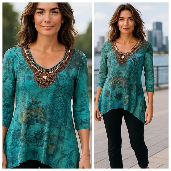 Roz & Ali Tops - 🎯FINAL SALE🎯 ROZ & ALI Turquoise Jewel Tunic-N0413-5